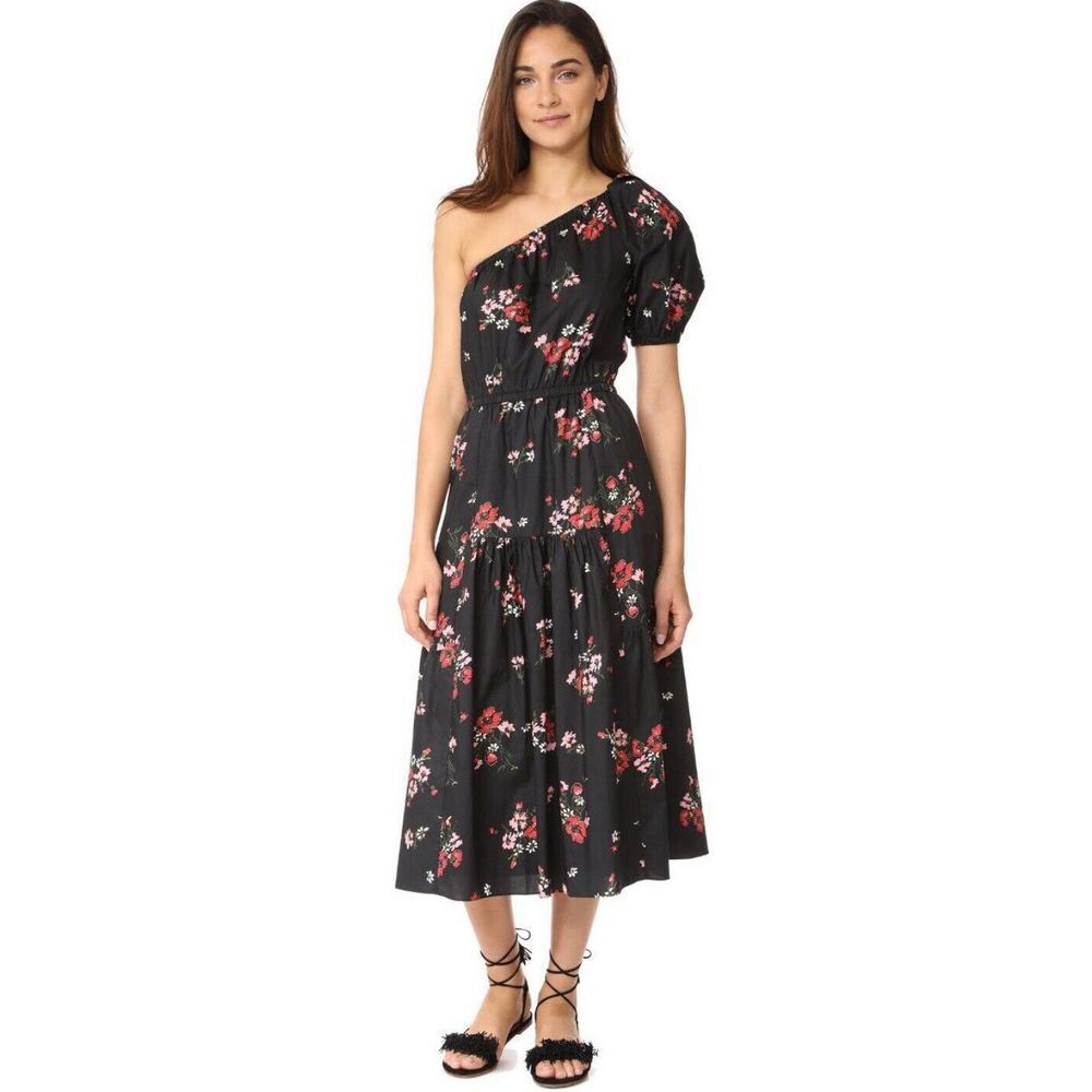Rebecca Taylor Black Marguerite Floral One Shoulder Cotton Dress Size 4 $495